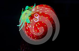 Macro close up of one single isolated ripe red strawberry with green leaves on black reflecting glass plate illuminated by studio