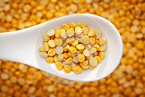 Macro Close-up of Organic Bengal Gram Cicer arietinum or split yellow chana dal on a white ceramic soup spoon in a blurred