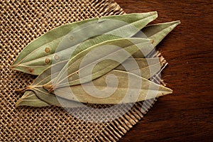 Macro close-up of Organic Indian bay leaf Cinnamomum tamala  Tez Patta on the wooden top background and jute mat.