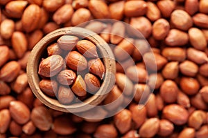 Macro Close-up of organic red-brown peanuts Arachis hypogaea  in an earthen clay pot kulhar on the self background.