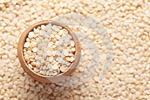 Macro Close up of Organic split polished white urad dal Vigna mungo  in an earthen clay pot kulhar on the self background.
