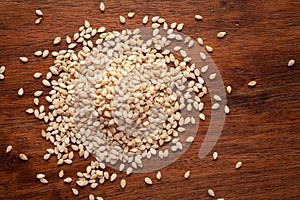 Macro Close up of Organic White Sesame seedsSesamum indicum or white Til with shell cleaned on wooden top background