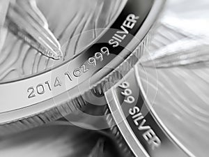Macro close up of pure Silver Bullion coins