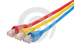 Macro close-up RJ45 network plugs red blue and yellow