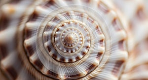 Macro close-up of a seashell spiral with intricate patterns and textures