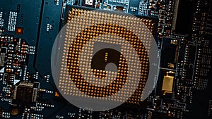 Macro Close-up Shot of Computer Motherboard with CPU Processor Socket. Printed Circuit Board: Inside