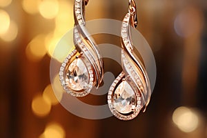 Macro shot golden earings with amazing ivory diamonds in a jewelry shop.