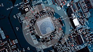 Macro Close-up Shot of Microchip, CPU Processor on Black Printed Circuit Board, Computer Motherboard