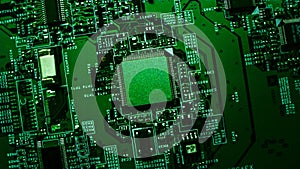 Macro Close-up Shot of Microchip, CPU Processor on Green Printed Circuit Board, Computer Motherboard