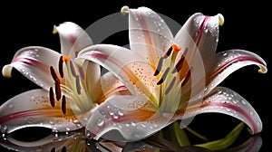 Macro close up shot wet white Madonna Lily flower and some water drops look fresh isolated on black background