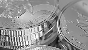 Macro Close up of a Silver Canadian Maple Leaf Bullion Coin