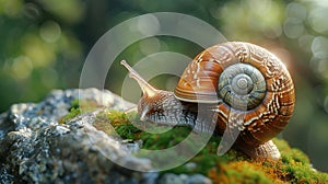 Macro close up of snail on mossy stone with detailed shell pattern in soft natural light