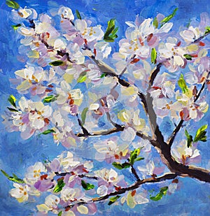 Macro close-up spring flowering branch of an apricot tree on background of blue sky. Plein Air oil painting White flowers on branc