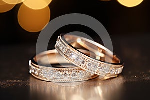 Macro close up of two perfect wedding rings with amazing ivory diamonds in a jewelry shop.