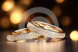 Macro close up of two perfect wedding rings with amazing ivory diamonds in a jewelry shop.