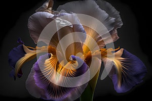 Macro Close-Up Ultra-Detailed Purple, Orange and White Iris Flower in Full Bloom (Generative AI)