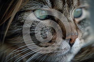 Macro Close-up View of Striking Green-Eyed Tabby Cat Generative AI