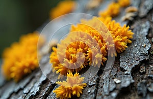Macro close-up of yellow orange lichen and Hypogymnia physodes growing on dry tree branch. Weird tiny algae colony on wood photo