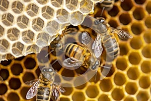 Macro closeup of bee hive with detail of honeycomb