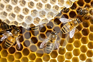 Macro closeup of bee hive with detail of honeycomb