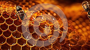 Macro closeup of bee hive with detail of honeycomb