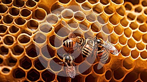 Macro closeup of bee hive with detail of honeycomb