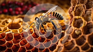 Macro closeup of bee hive with detail of honeycomb