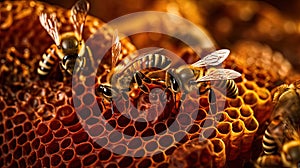 Macro closeup of bee hive with detail of honeycomb