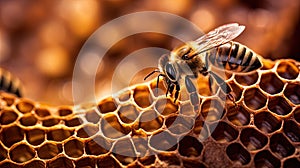 Macro closeup of bee hive with detail of honeycomb