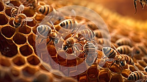 Macro closeup of bee hive with detail of honeycomb