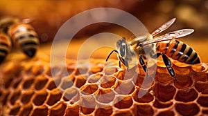 Macro closeup of bee hive with detail of honeycomb