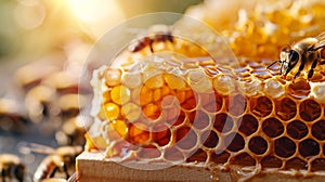 Macro closeup of bee hive with detail of honeycomb. Generative Ai
