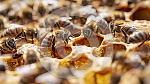 Macro closeup of bee hive with detail of honeycomb. Generative Ai