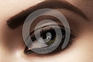 Macro closeup of female eye with fashion makeup, strong eyebrows