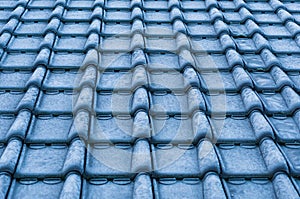 Macro closeup of icy rooftop tiling covered in snow crystals, cold winter season, architecture background