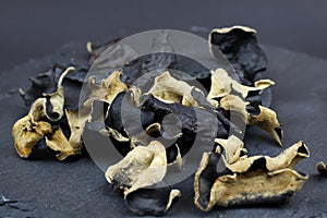 Macro closeup of isolated dried chinese mu-err mushrooms on slate stone background photo