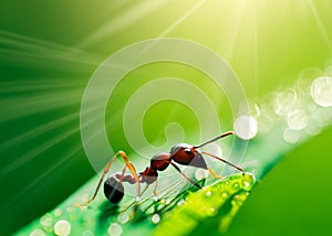 macro closeup photo of an ant on blurred green natural background, sun rays, water droplets, created with generative ai