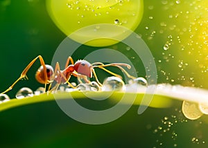 macro closeup photo of an ant on blurred green natural background, sun rays, water droplets, created with generative ai