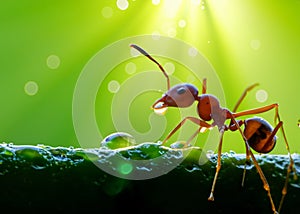 macro closeup photo of an ant on blurred green natural background, sun rays, water droplets, created with generative ai