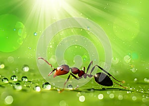 macro closeup photo of an ant on blurred green natural background, sun rays, water droplets, created with generative ai