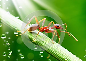 macro closeup photo of an ant on blurred green natural background, sun rays, water droplets, created with generative ai