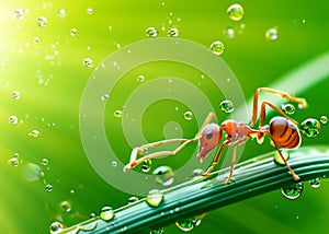 macro closeup photo of an ant on blurred green natural background, sun rays, water droplets, created with generative ai