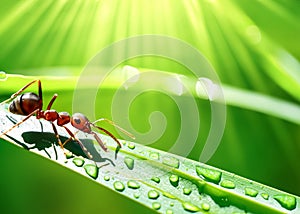 macro closeup photo of an ant on blurred green natural background, sun rays, water droplets, created with generative ai