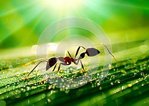 macro closeup photo of an ant on blurred green natural background, sun rays, water droplets, created with generative ai