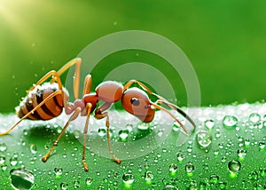 macro closeup photo of an ant on blurred green natural background, sun rays, water droplets, created with generative ai