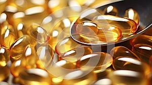 macro closeup Pile of fish oil capsules omega 3 vitamin supplement in spoon