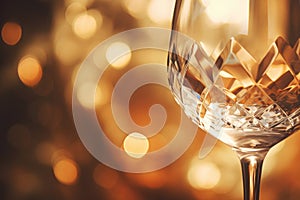 Macro closeup shot of luxury vintage crystal white wine glass with glittering shining bokeh