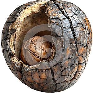 Walnut kernel inside cracked shell isolated on white background close up macro