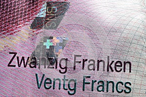 macro closeup twenty francs swiss money bill