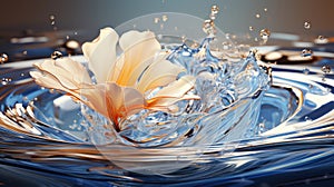 macro closeup of white petal silver flower with water splash swirl surface on futuristic minimalist background